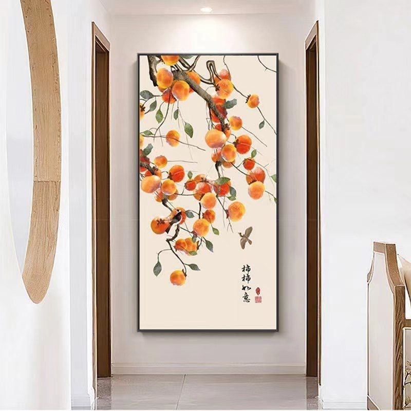 新中式玄关装饰画入户走廊挂画招财风水进门荷花鸟过道壁画免打孔