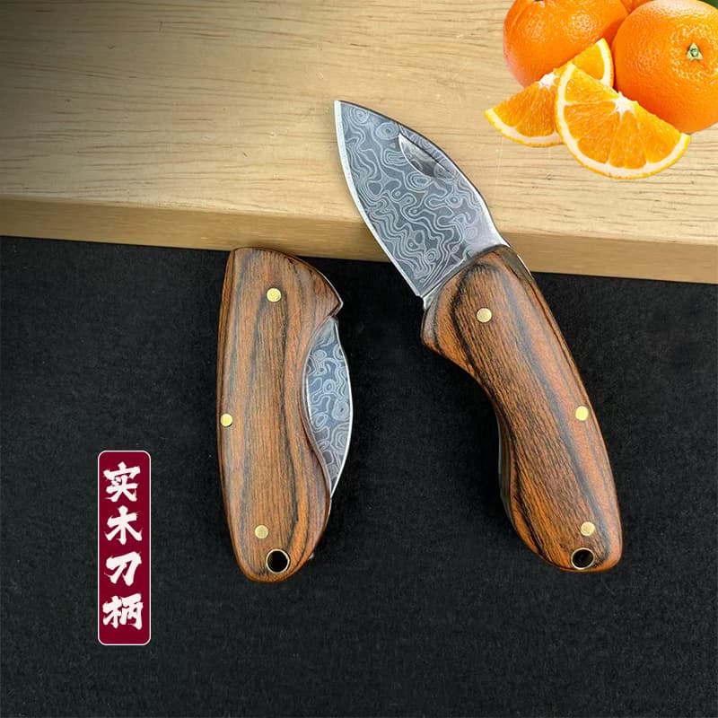 户外大马士革纹实木折叠小刀迷你随身便携钥匙挂扣多用刀手把肉刀