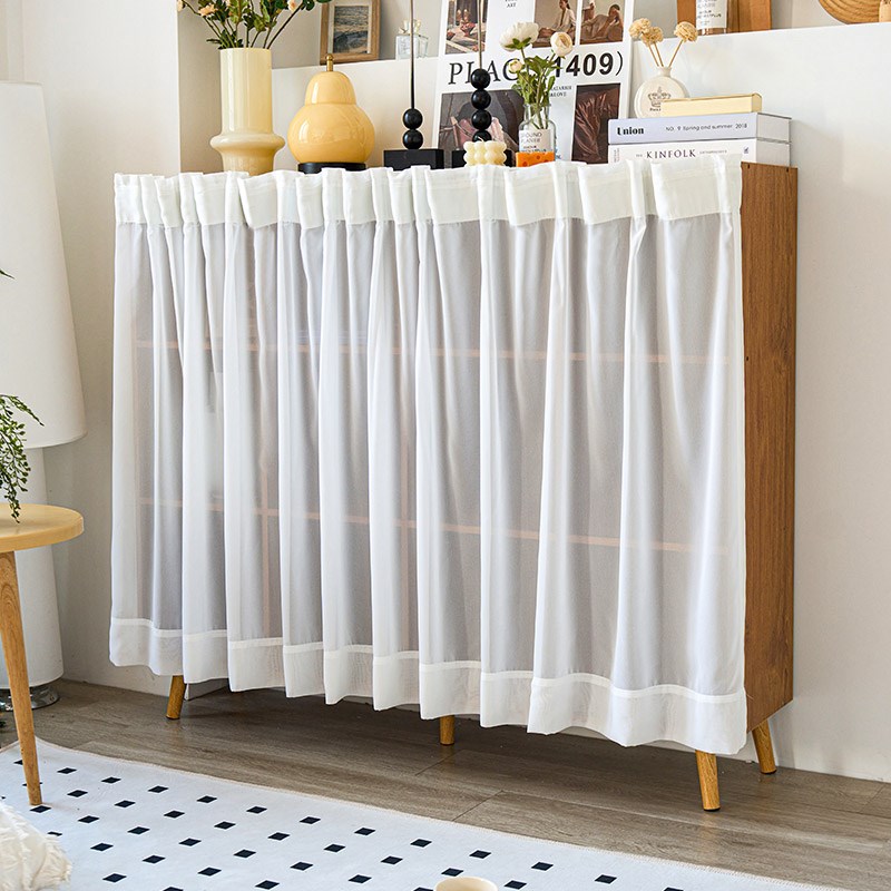 奶油风免打孔魔术贴o粘轨柜子遮丑帘置物架图书馆书架衣柜遮挡帘