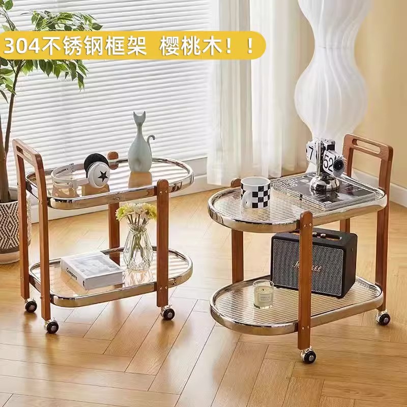 边几移动茶几桌家用实木中古小推车客厅玻璃日式S置物架床头小边