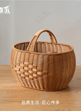 W039仿藤田园手工花椒色椭圆户外购物野餐收纳筐O收纳篮34*26*21