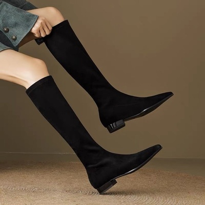 2025新款尖头长靴低跟高筒靴