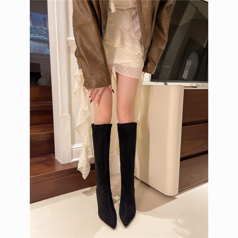 堆堆靴女2025秋冬新款豹纹尖头细跟中跟长筒骑士靴不过膝靴高筒靴