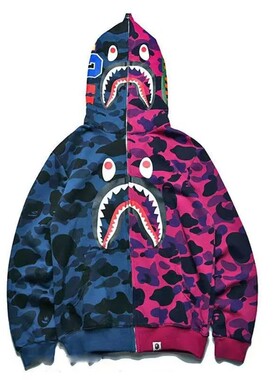 2024潮牌鲨鱼头情侣时尚卫衣拉链连帽衫嘻哈宽松春秋外套恶魔迷彩