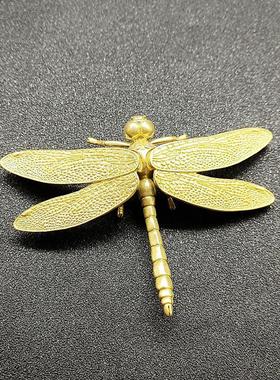 0黄铜蜻蜓翅膀可拆卸茶道微雕小摆件实心铜包浆老铜雕件古玩茶宠
