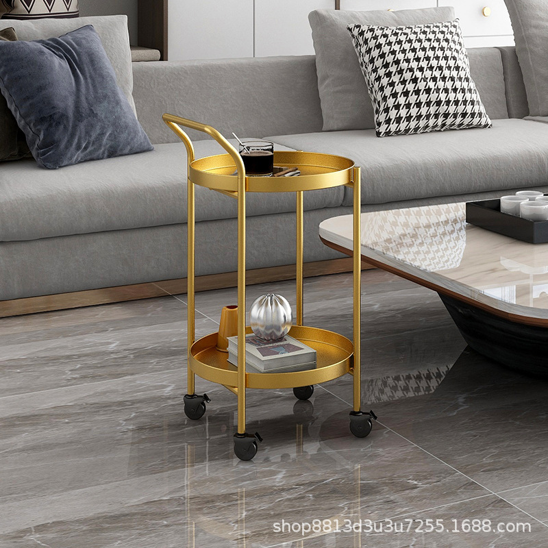 北欧铁艺圆形茶几简约客厅沙发可移动边几家用带轮子推车置物架