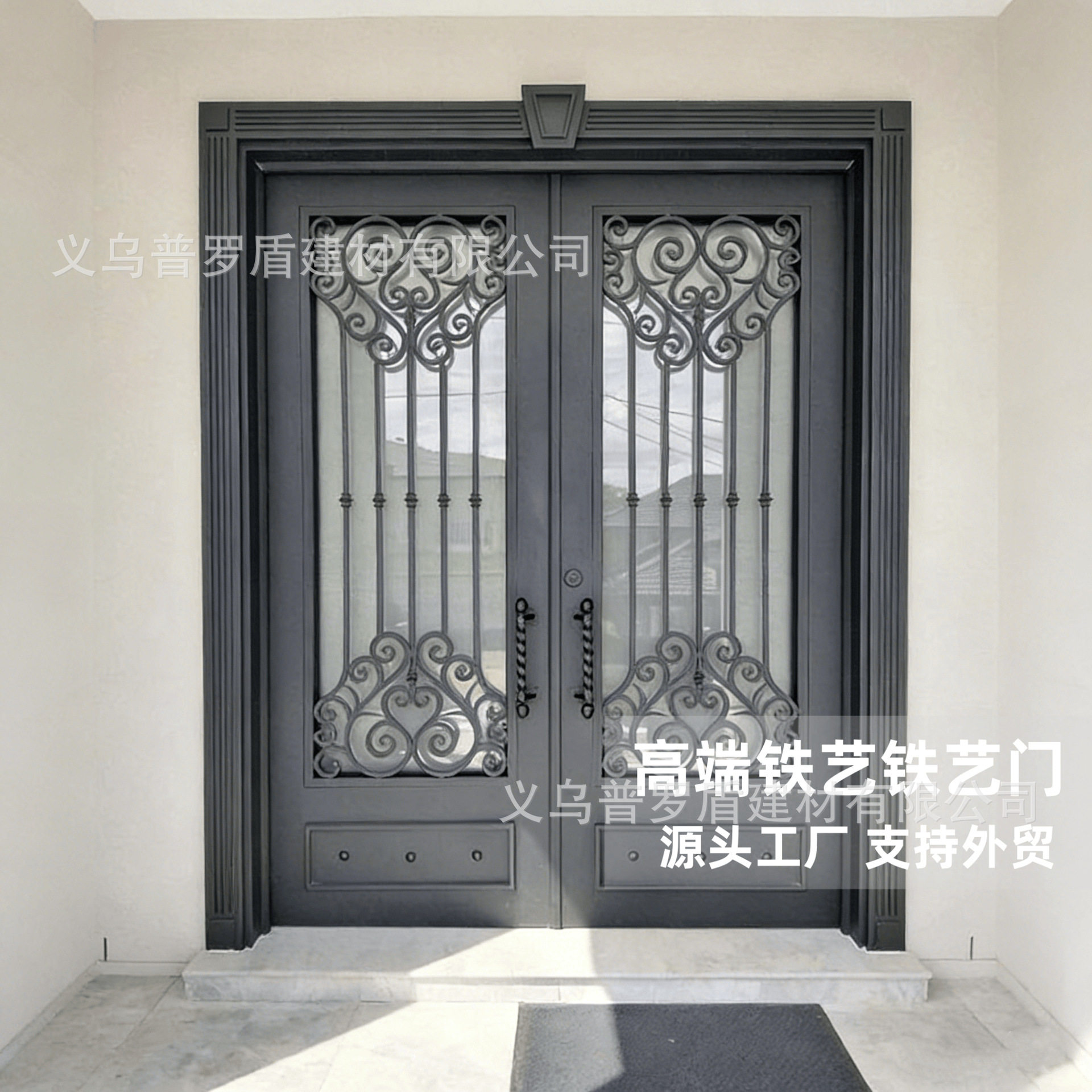 法式圆弧进户门拱形大门双开门玻璃门纯手工锻打花枝
