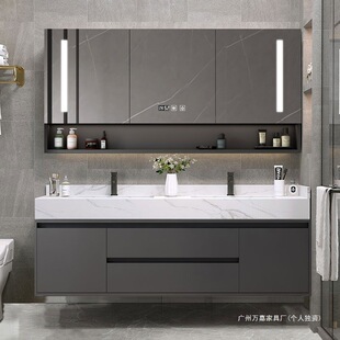 智能镜柜岩板热弯一体无缝陶瓷双盆浴室柜组合可丽耐一体盆洗脸柜