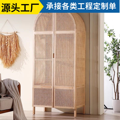 北欧实木衣柜诧寂风藤编简易收纳柜民宿卧室藤编柜设计师衣橱仿藤