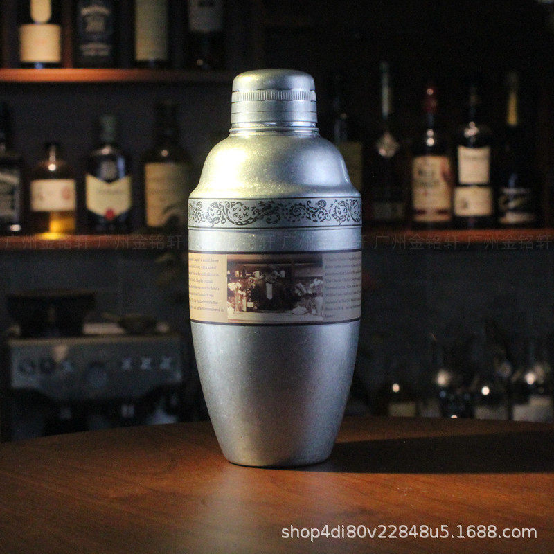 复古印花调酒器 304不锈钢 三段式摇壶shaker 个性波士顿套装做旧