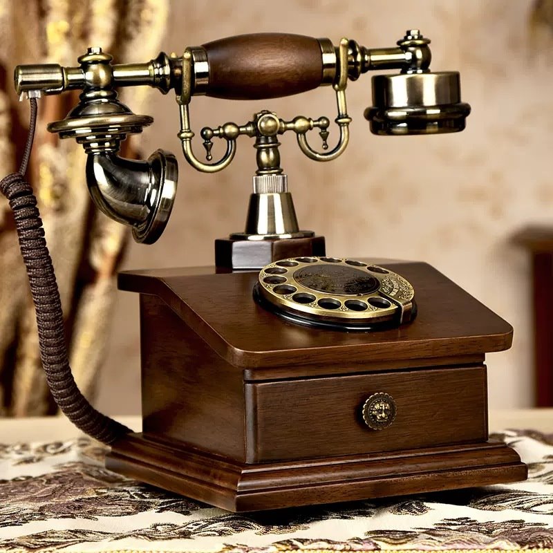 实木欧式复古老式转盘电话机客厅家用座机家居旋转有线电话摆件