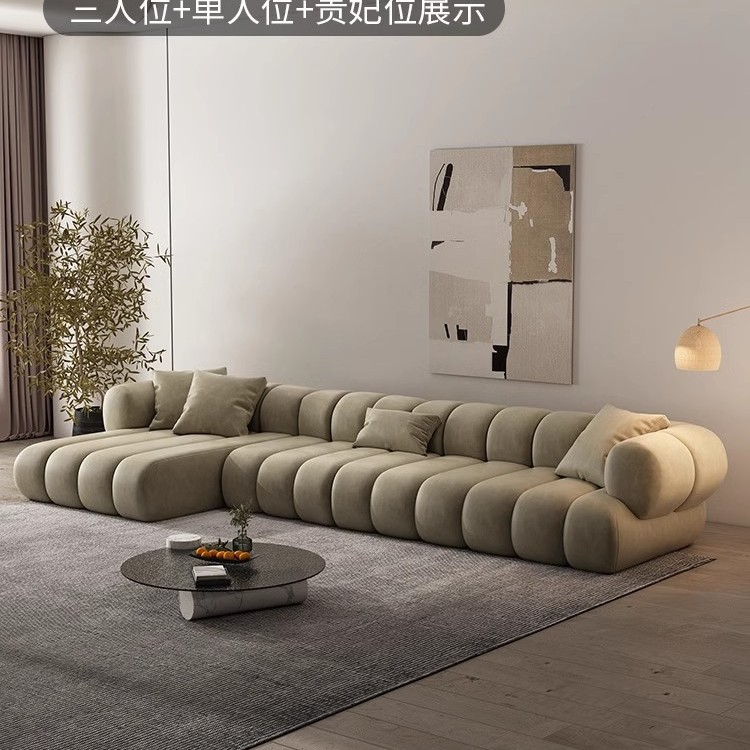奶油风钢琴键布艺沙发直角贵妃组合大小户型客厅防水直排沙发绒布