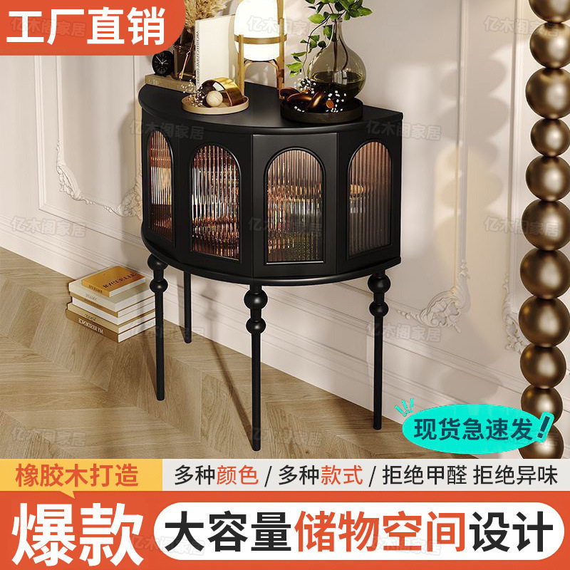 法式奶油风玄关柜入户进门厅柜客厅靠墙置边柜带灯实木半圆玄关桌