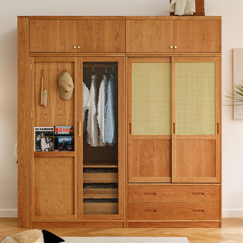 日式组合实木衣柜樱桃木玻璃推拉门藤编衣橱家用北欧卧室原木衣柜