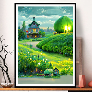绿色田野小屋十字绣2024新款 线绣客厅小幅卧室简单小件餐厅画满绣