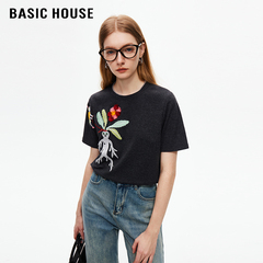 百家好/Basic House圆领人参娃娃刺绣设计感短袖T恤女百搭上衣夏