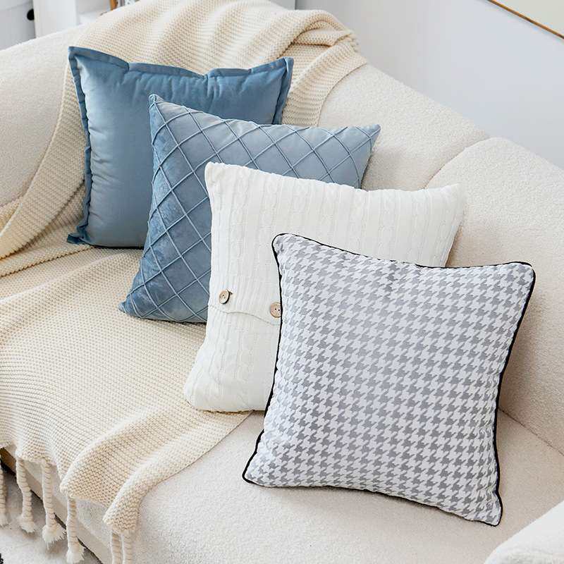 北欧简约轻奢蓝色千鸟格抱枕套靠垫沙发客厅现代床头格子圆形民宿