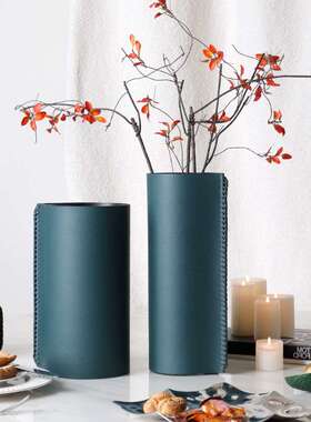 简约风高级感加厚墨绿色皮革花瓶摆件客厅玻璃内胆水养插花花器