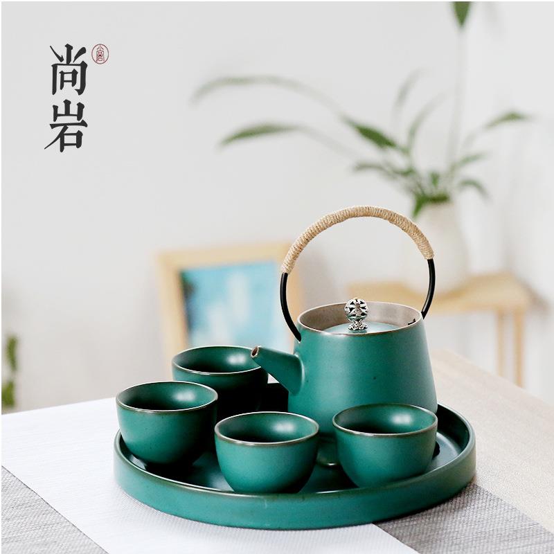 尚岩 中式粗陶茶具套装快客杯提梁壶茶壶茶盘整套便携旅行茶具