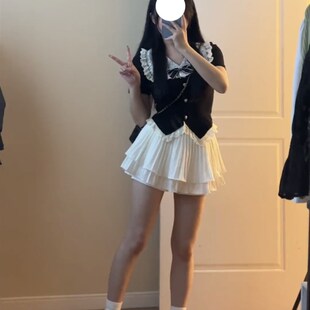 速发大码千金公件裙装夏季蕾丝短款上衣+百褶套两主套