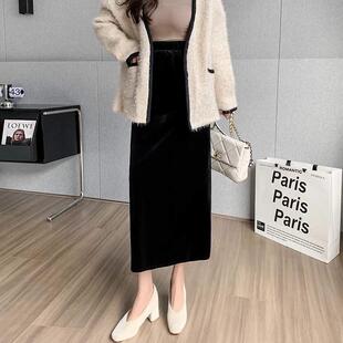 高腰色黑百 直筒新中长版 速发精品丝绒半身裙小个子秋冬季 202裙款