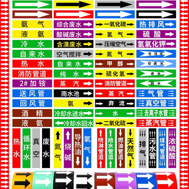 速发管道标识贴纸色环介质流向标签贴工业化工国标箭头剪头反光膜