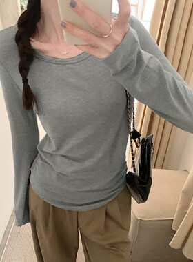 速发圆领弹力2设感长袖T恤春计024新款内搭打底衫宽松纯色上衣