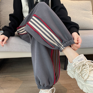 速发美式灰色束动裤秋闲2024新款高腰加绒加厚休冬运脚阔腿卫裤