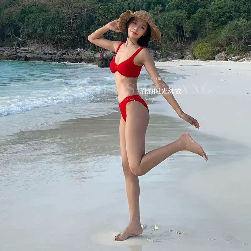 速发红色性感三角比基尼小胸聚拢裹裙海边度假显白分体低腰泳装