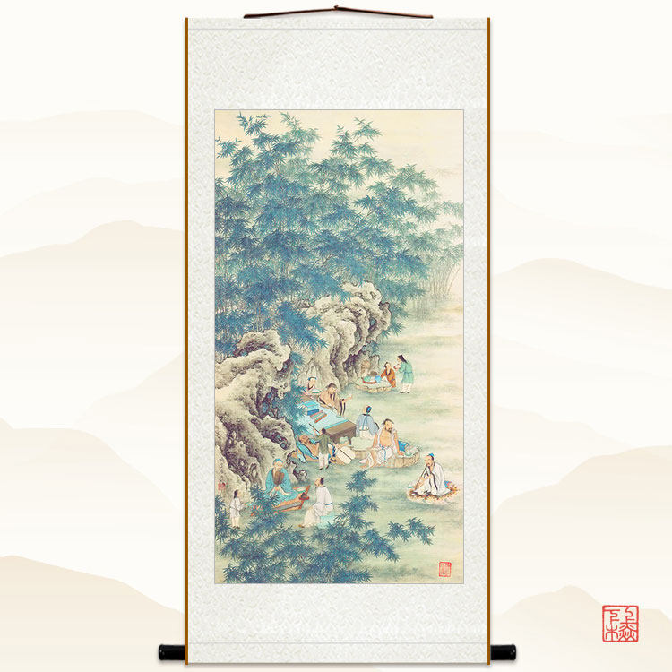 速发竹林七贤图 轴代名人贤士酒喝品茶 中式书房卷古挂画装饰字画