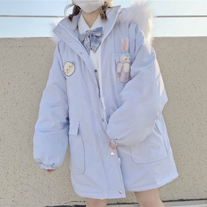 速发冬季新款JK长套学院风连帽衣棉宽松软妹中外款棉服面包服