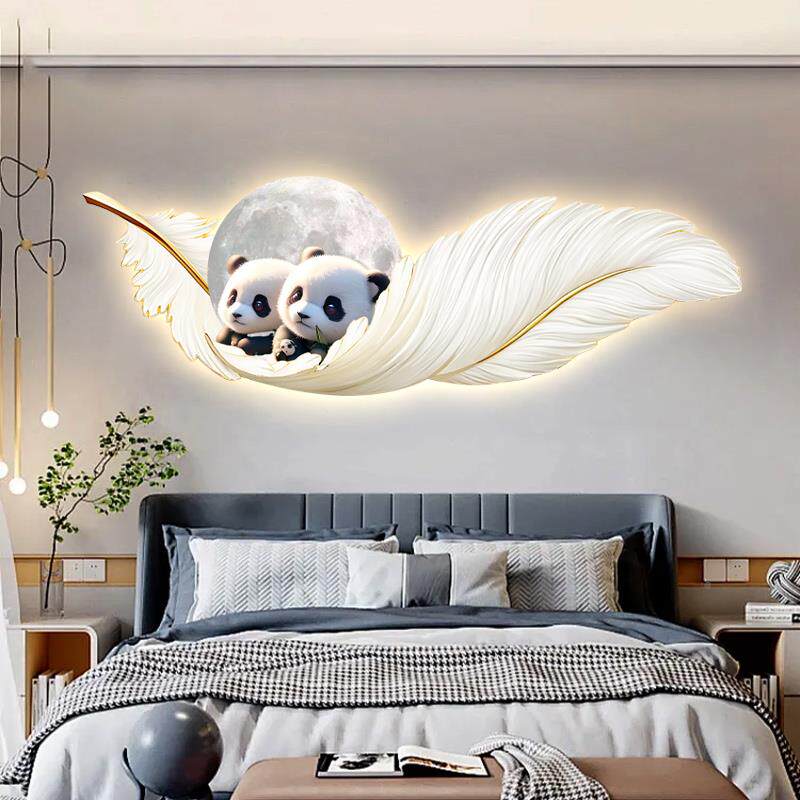 现代儿童房床头J536画装饰间男孩房布置壁画可爱熊猫羽挂毛卧室画