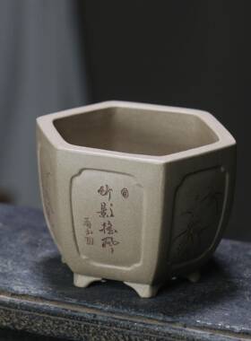 紫砂花盆苏青灰泥六方形六角形刻绘盆tb-74923盆菖盆觅陶景乡蒲兵