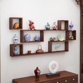 实木墙上置物架免打孔茶叶架新中式 饰隔板壁挂古玩茶具架博古架 装