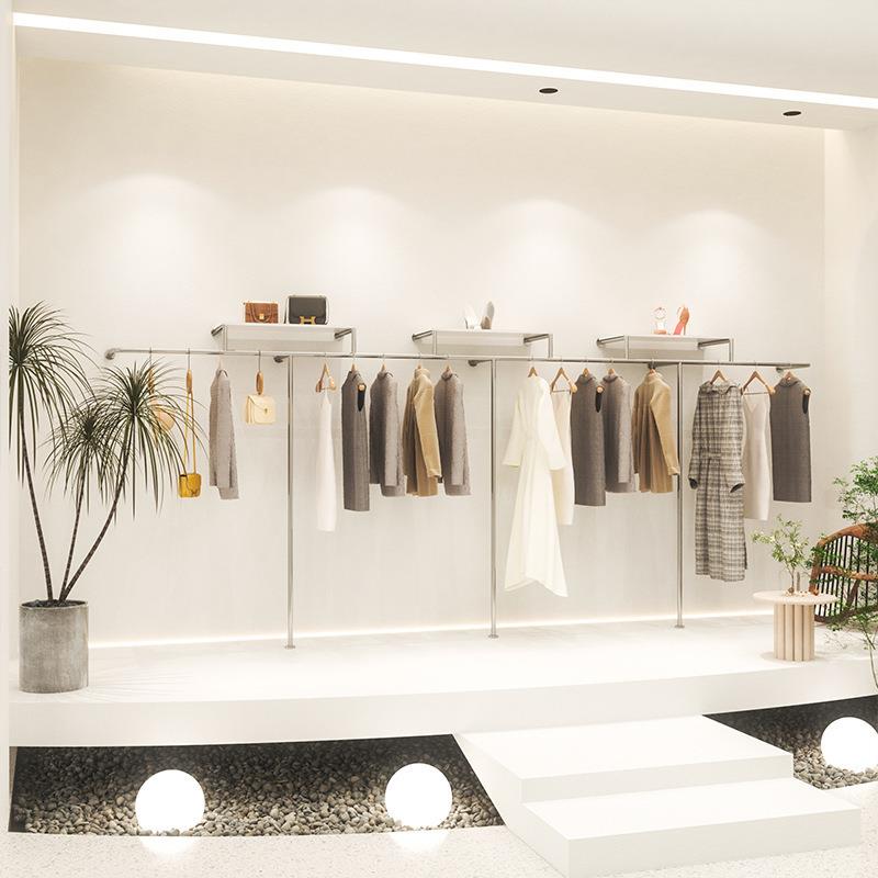 服装店展示架女装店上墙带板挂衣杆不锈钢货架落地挂衣架陈列架子