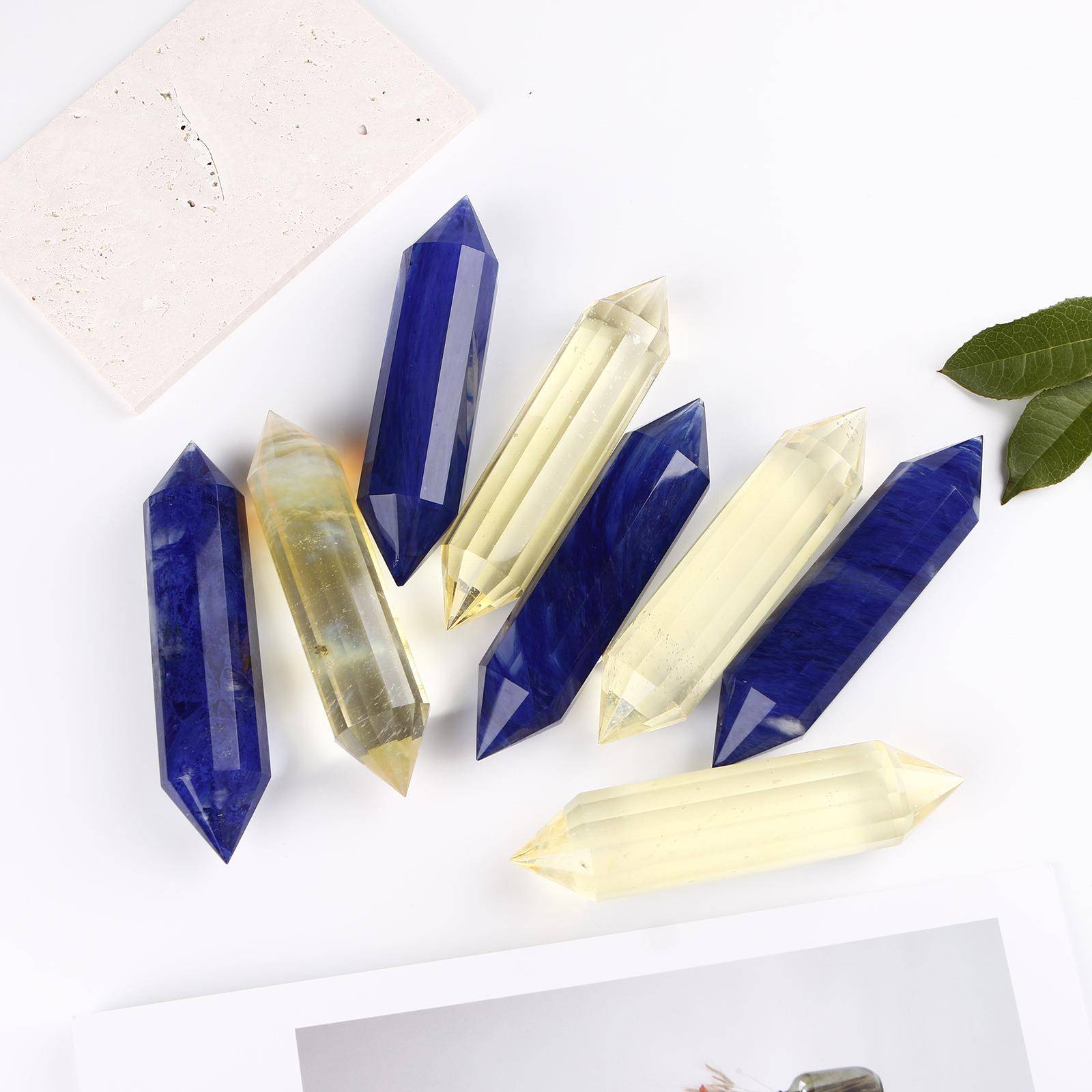 新品水晶沃格尔多切面黄水晶蓝水晶熔炼柱多棱柱工艺品摆件批