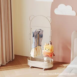 儿童挂衣架卧室家用带轮移动衣帽架奶油风脏衣篮卡通可爱落地衣架