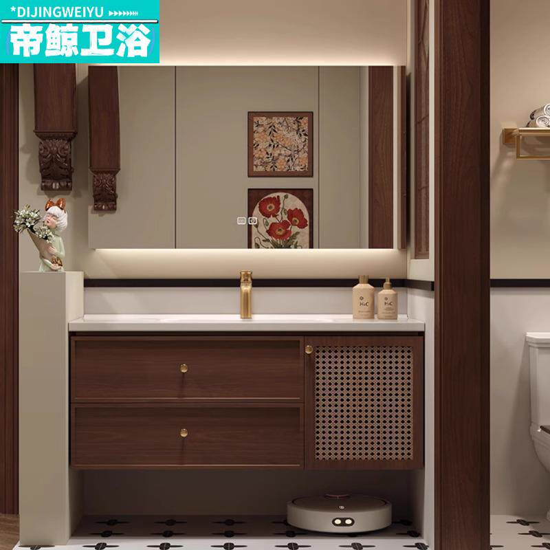 橡木实木浴室柜陶瓷一体盆法式复古藤编组合中古风洗漱台卫生间洗