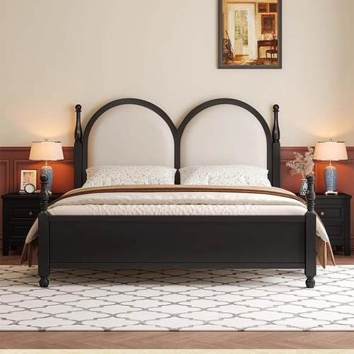 法式复古床黑色实木床现代简约1.8m双人床中古床主卧室美式巴黎床