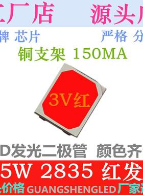 0.5W2835红色贴片LED灯珠3V红发红红灯红光超高亮150MA