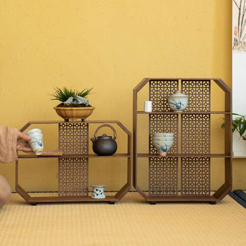 竹制镂空博古架置物架家用茶具收纳收藏架展示架小茶阁多宝格