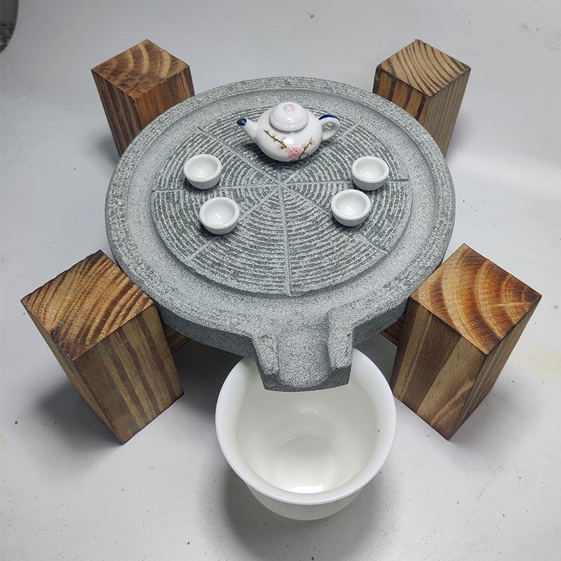 天然覆古石磨茶盘家用简约排水式茶托 托石磨储水式干泡茶台功夫
