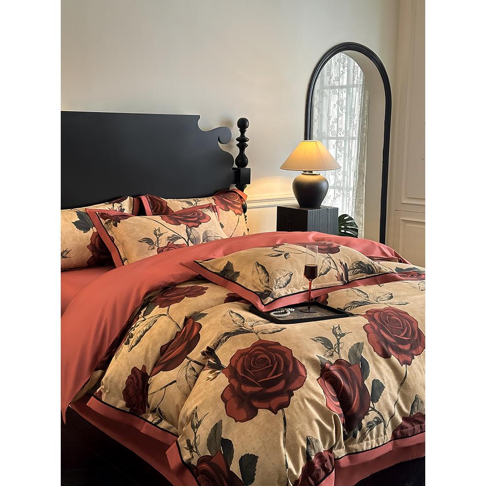 高端印花棉被套婚礼高端床品红色婚礼100支长绒棉床品四件套8张