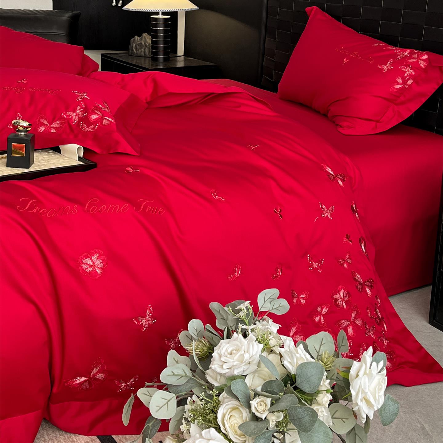 高档婚礼结婚四件套大红色新婚陪嫁床单被套婚庆床上用品婚房喜被