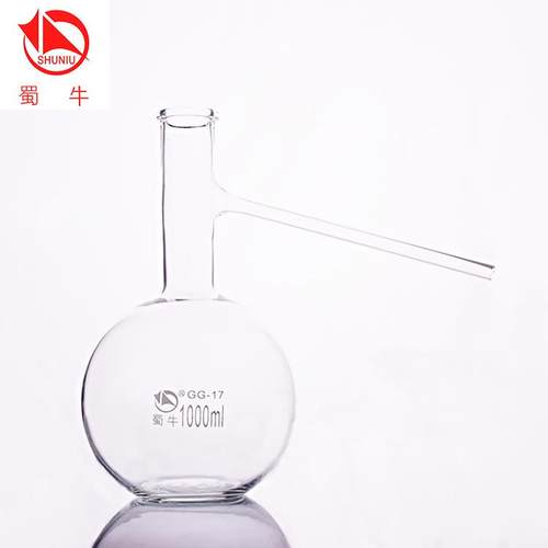包邮蜀牛蒸馏平底烧瓶 具支管 1000mL 高硼硅玻璃平底普口烧瓶