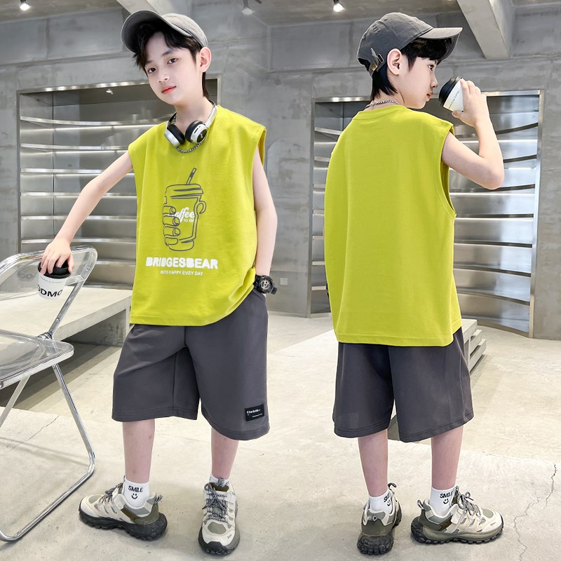 现货男童夏季套装2025新款夏装无袖中大儿童男孩背心薄款痞帅时髦