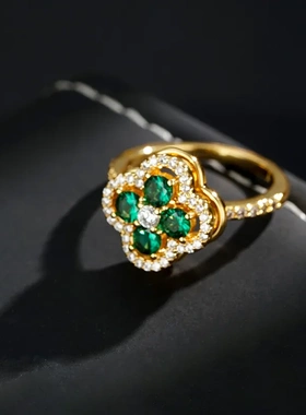 日韩小巧精致微镶绿色旋转锆石四叶花网红个性百搭超闪