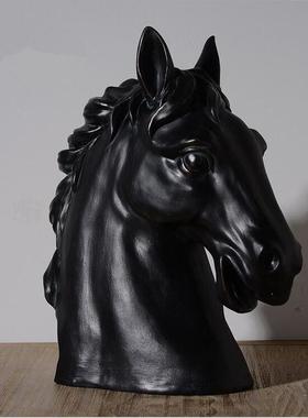 高档黑铜色树脂马头摆件家居客厅样板房装饰品工艺品风水旺财摆件