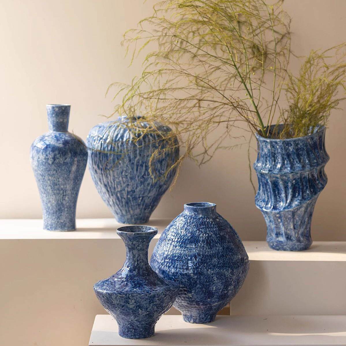 新中式陶瓷花瓶侘寂锤纹景德镇客厅插花玄关装饰品复古粗陶罐花盆