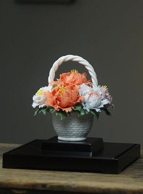 陶瓷手工牡丹花篮装饰品摆件家居公室客厅桌面开业乔迁礼品瓷